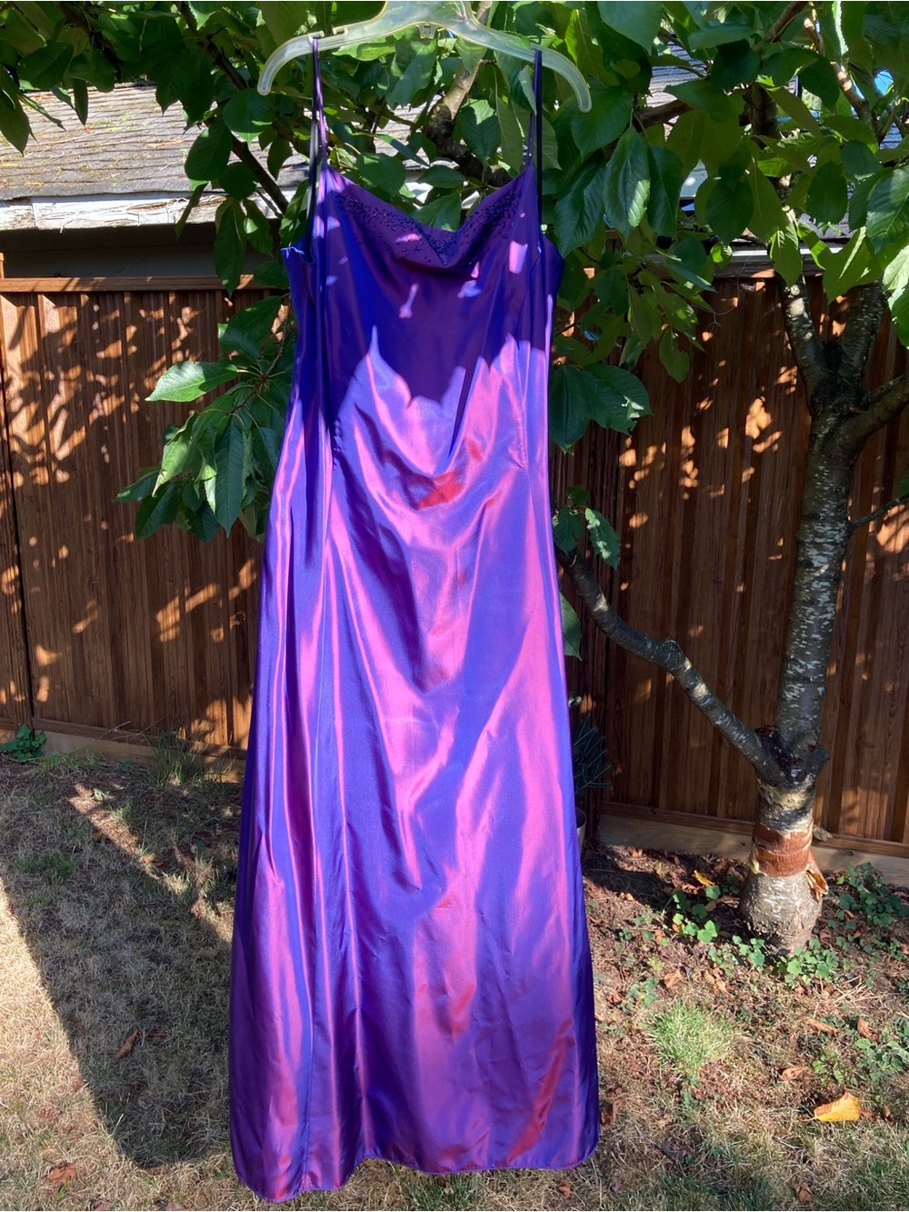 Elegant Purple Satin Maxi Slip Dress with Lace Trim